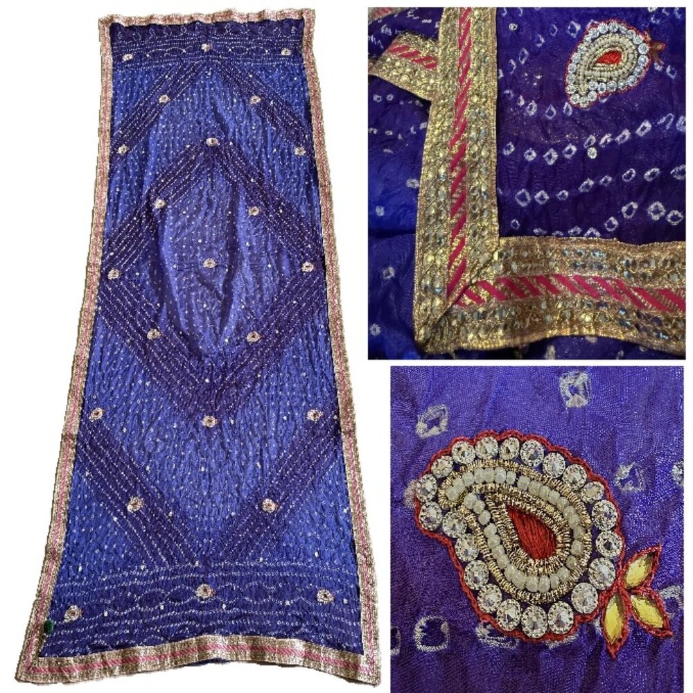 Purple Dupatta Long Indian Hijab Women Scarf Embroidery Beading Veil Stole Gold